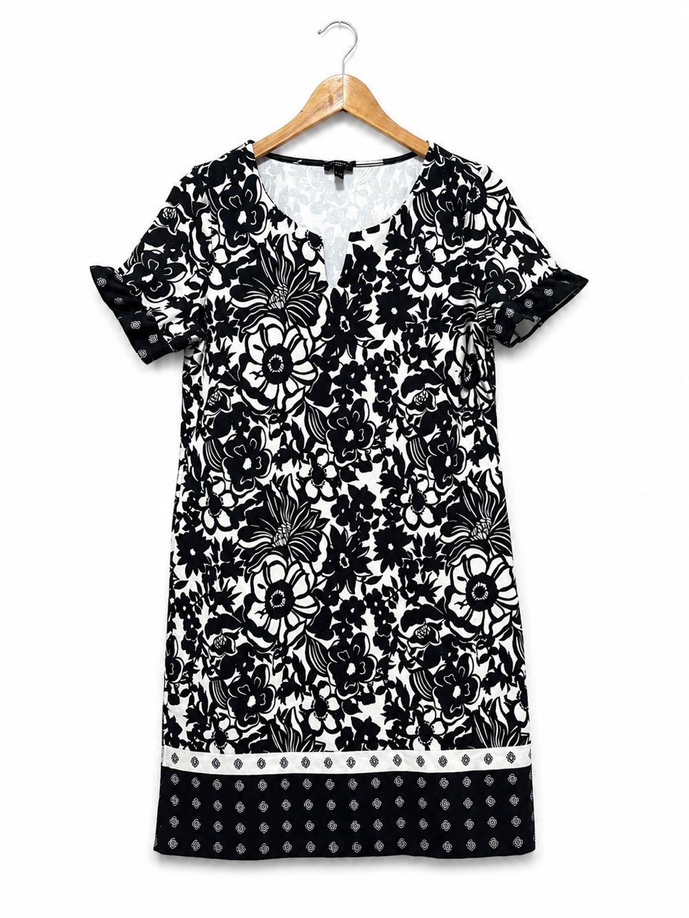 Loft Black & White Floral Dress Border Print Stretch Shift Dress Casual Classic